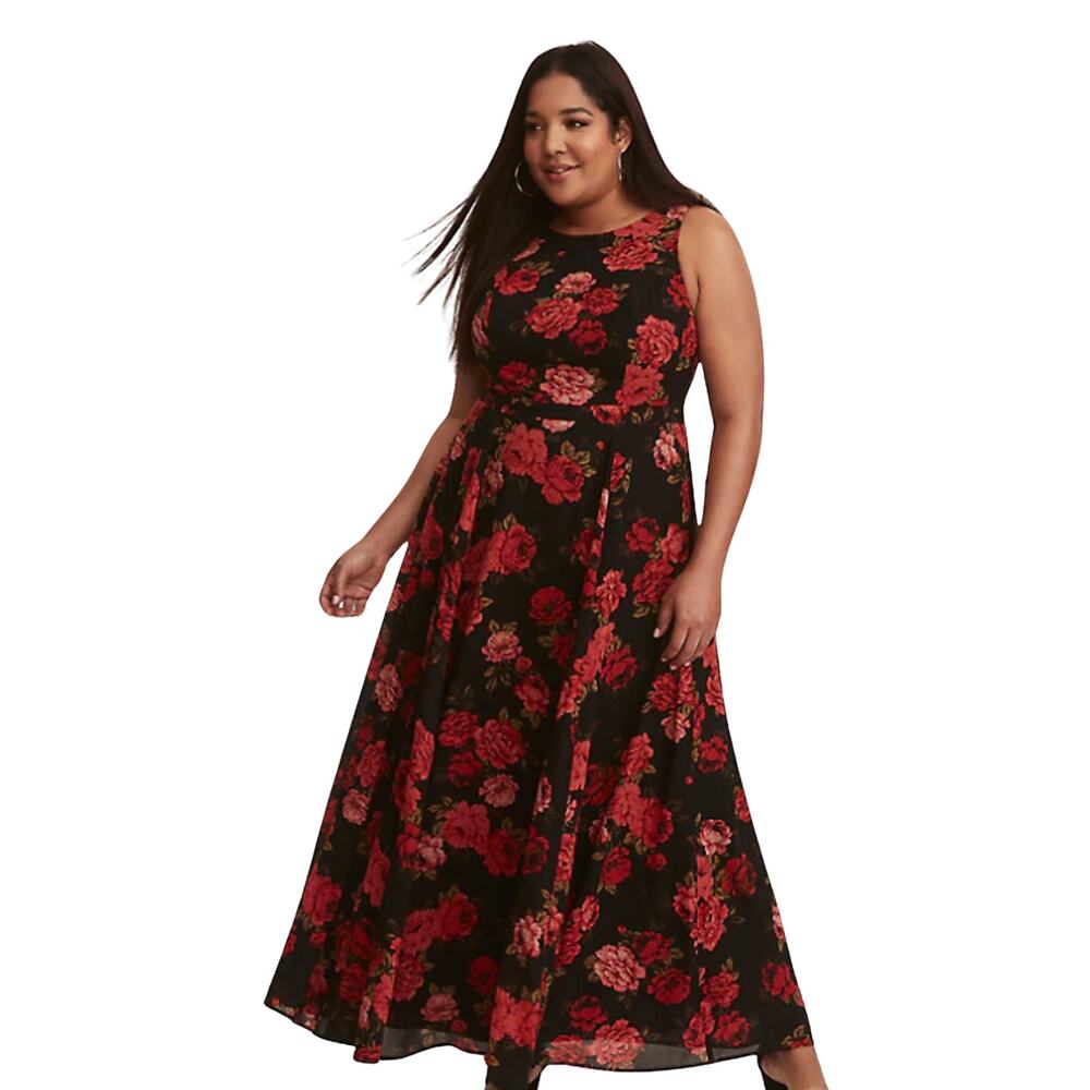 Torrid Black Red Floral Georgette Sleeveless High Neck Maxi Dress 16 Romantic